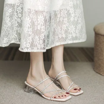 Летние женские тапочки Jewels на каблуке для женщин 2023, белые шлепанцы, Босоножки Rhenstone с открытым носком и кристаллами, свадебная распродажа I