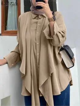 Повседневные мусульманские топы Дубай Турция ZANZEA Женская модная рубашка на шнуровке Осенняя блузка с длинным рукавом и отворотом, однотонная исламская одежда