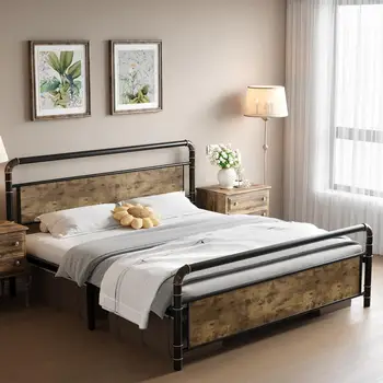 Каркас кровати из черного металла с деревянным изголовьем и изножьем, каркас кровати на платформе в деревенском стиле, для спальни не требуется пружинный блок