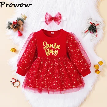 Prowow, Детские рождественские платья для девочек, Сетчатое платье принцессы с буквами Санта-Клауса и звездами, Праздничный костюм, рождественская одежда для девочек