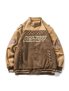Кофейная куртка Американский винтажный мотоцикл Для мужчин и женщин High Street Bomber Гоночное пальто с воротником-стойкой Оверсайз
