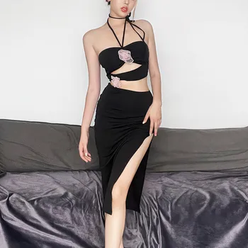 Сексуальное Черное Длинное Платье С Открытой Спиной на Бретелях Y2K С Открытыми Плечами, Облегающее Платье с 3D Цветами, Vestidos, Клубная Одежда Для Ночной Вечеринки, Vestidos