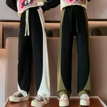Детские широкие брюки для девочек-подростков, модные прямые брюки в стиле пэчворк с эластичной резинкой на талии, детские весенне-осенние брюки