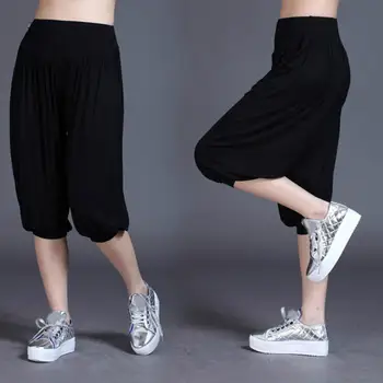 Стильные женские летние укороченные брюки для йоги из модала С широким эластичным поясом для танцевальных выступлений Удобные шаровары с широкими штанинами
