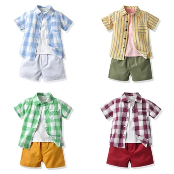 Летняя одежда для маленьких мальчиков, рубашка с коротким рукавом и бабочкой + шорты на подтяжках, официальный комплект для маленьких мальчиков, летний джентльменский наряд для малышей
