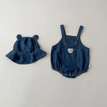 Модный джинсовый комбинезон для новорожденных мальчиков + шапка Боди Без рукавов мягкий Детский комбинезон Одежда