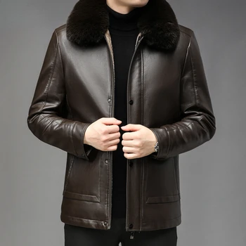 Свободные мужские куртки из натуральной кожи, зимнее утолщенное теплое пальто С меховым воротником, модная куртка из спилка, мужская одежда, плюшевый Abrigo