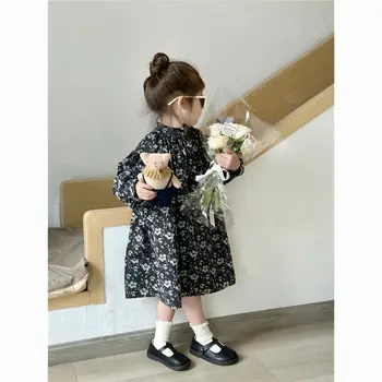 Детские вельветовые платья для девочек, кружевное лоскутное шитье в корейском стиле, вечерние платья принцессы с длинными рукавами и отложным воротником для милых девочек