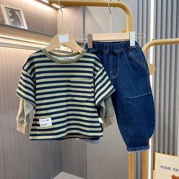 Комплект одежды для мальчиков, новый весенне-осенний детский комплект из чистого хлопка, имитирующий полосатую футболку из двух частей, джинсы из двух частей в корейском стиле