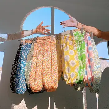 Летние тонкие брюки для девочек, брюки с цветочным рисунком в стиле ретро для девочек, Универсальные брюки с защитой от комаров, Солнцезащитные повседневные брюки с эластичной резинкой на талии
