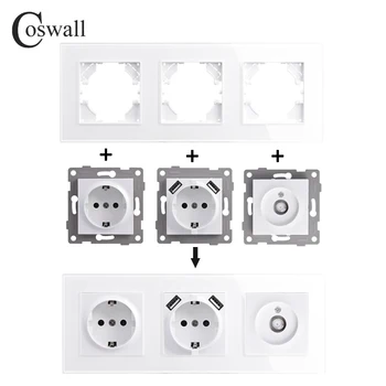 Coswall Серия D1 Стеклянная Белая панель Настенный выключатель света Стандартная розетка ЕС/Франции USB-Зарядка CAT6 Интернет-Спутниковый модуль DIY