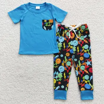 Распродажа синей одежды для маленьких мальчиков, хлопковые футболки с короткими рукавами для малышей, детские штаны с карманами, весенне-осенний спортивный комплект