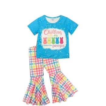 Лучшая летняя одежда для девочек на Пасху, бутик детской одежды Rabbit, топ с короткими рукавами, расклешенные брюки, комплект