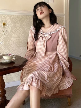 Deeptown Розовое школьное мини-платье в японском стиле, женская Кавайная Милая униформа Jk, Оборки, Клетчатые платья в стиле пэчворк с длинным рукавом, осень