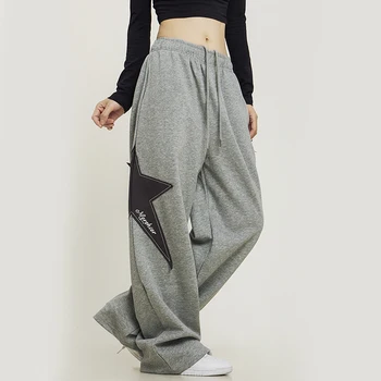 Женская Винтажная уличная одежда, широкие брюки в стиле пэчворк, свободные прямые брюки в стиле хип-хоп, спортивные штаны для бега трусцой со звездным принтом Harajuku