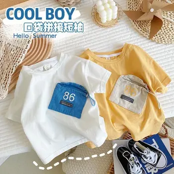 Хлопковая футболка с короткими рукавами для мальчика, однотонная футболка, детская летняя одежда с героями мультфильмов, мужская летняя одежда.