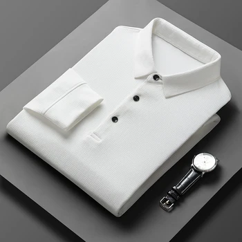 Легкая осенняя одежда люксового бренда 2023, Однотонная Классическая деловая Повседневная рубашка с лацканами, модная мужская рубашка ПОЛО с длинным рукавом, топ M-4XL