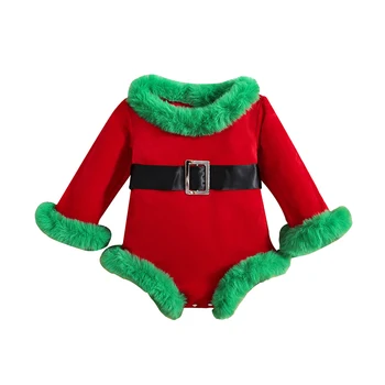 0-18 м Рождественские комбинезоны для маленьких девочек, плюшевые бархатные боди Санта с поясом для мальчиков и девочек, зимняя одежда для новорожденных