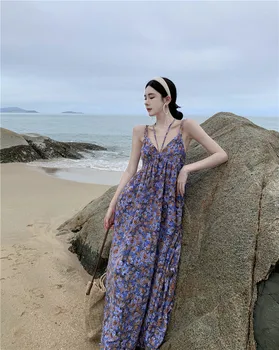 Женское летнее платье-слинг с цветочным рисунком на шее и высокой талией 2023, модная женская одежда