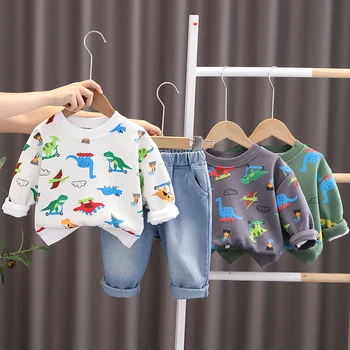 Весенне-осенний костюм из 2 предметов для маленьких мальчиков, милая одежда с мультяшным принтом динозавра, однотонные джинсы, бутик одежды для малышей