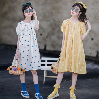 Повседневное платье для девочек, лето 2023, новая детская хлопковая одежда, длина миди, детские милые платья в горошек, #7454