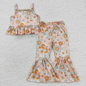 Комплект из двух предметов для девочек с цветочным рисунком, детский топ на бретелях, расклешенный низ, Бутик детской одежды Оптом