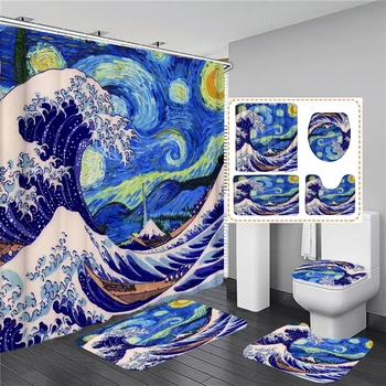 Комплекты занавесок для душа с японской морской волной, звездным небом, абстрактное искусство, занавески для ванной, Декор для ванной, Крышка унитаза, Нескользящие коврики, коврики
