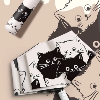 Виниловый зонтик с рисунком черно-белого кота, 27 см, полуавтоматический Водонепроницаемый и складной зонт-козырек, удобный для путешествий