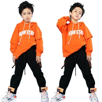 2023 Новый Оранжевый топ с капюшоном для мальчиков или черные спортивные штаны, детская уличная одежда для танцев в стиле хип-хоп