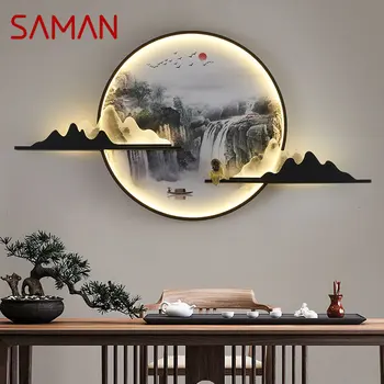 Современная настенная картина SAMAN, светодиодная китайская креативная Круглая Пейзажная фреска, бра для дома, гостиной, спальни, кабинета