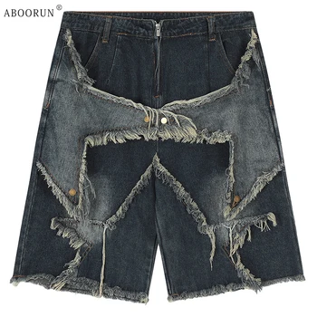 Модные мужские джинсовые шорты ABOORUN с грубыми краями, джинсовые шорты в стиле пэчворк для мужчин
