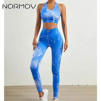 NORMOV, бесшовные женские комплекты из двух частей, комплект для йоги с завязками, штаны для йоги с эффектом пуш-ап, женский тренировочный комплект с высокой талией, спортивный костюм на бретелях, женский