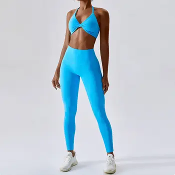 Женский спортивный костюм, бесшовный комплект для йоги, спортивная одежда для тренировок из 2 предметов, спортивная одежда для спортзала, леггинсы с высокой талией на завязках, спортивные костюмы для фитнеса