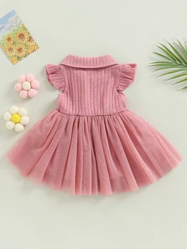 Платье-пачка из многослойного тюля с цветочным принтом и рюшами для маленьких девочек, отложной воротник, пуговицы и бант