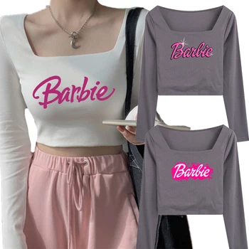 Футболка для девочки Kawaii Barbie, аниме, Сексуальный женский осенний укороченный топ с длинным рукавом и квадратным вырезом, Y2K, модная нижняя рубашка, футболки, уличная одежда