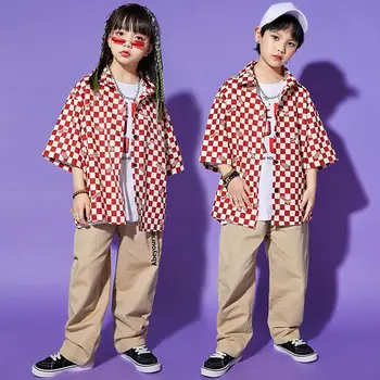 Детская одежда для хип-хоп шоу Подростковая одежда Клетчатая рубашка Повседневные уличные джинсы Брюки для девочек и мальчиков Джазовый танцевальный костюм Одежда