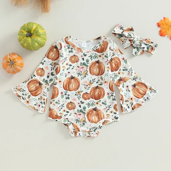 2023-06-04 Lioraitiin 0-12 м, одежда для новорожденных девочек на Хэллоуин, осенние боди с расклешенными рукавами и цветочным принтом в виде тыквы