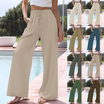 Women's Cotton And Linen Summer Wide-leg Pants Flowing Wide-leg Solid Color Drawstring Beach Pants брюки женские большой размер
