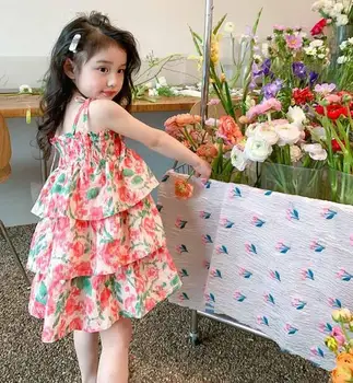2024 Детская одежда Милые розовые девочки в цветочек Многослойный дизайн Принцесса Без рукавов Красивое детское платье
