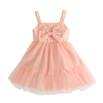 Платья для девочек, Розовое тюлевое платье-пачка без рукавов с бантом, праздничный костюм, Летнее пышное платье 12M-4Y