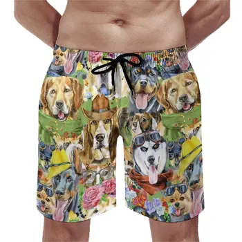 Летние пляжные шорты Funny Dog Running Surf Flower Dogs Collection Art Пляжные короткие штаны на заказ, Гавайские быстросохнущие плавки