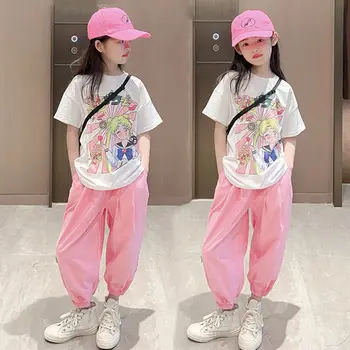 Детский летний костюм для корейских девочек с короткими рукавами, свободная хлопковая футболка, повседневные брюки, спортивный костюм для девочек из двух предметов