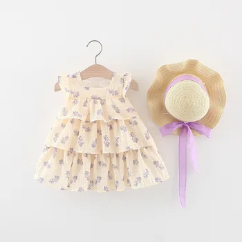 летнее платье из 2 предметов для девочек с цветочными оборками, многослойные платья без рукавов, хлопковая детская одежда, комплект одежды для малышей + шляпа