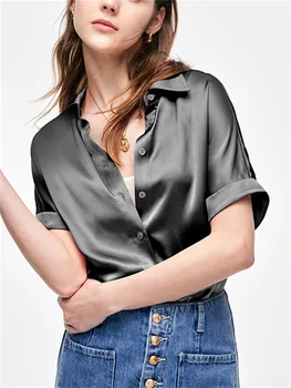 Женские однотонные Свободные блузки из 100% шелка, Летний Новый топ, женский отложной воротник, однобортная рубашка с коротким рукавом