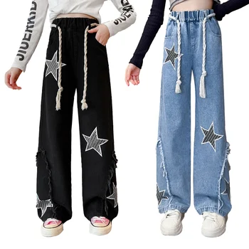 Широкие брюки для девочек с веревкой, джинсы с рваным эластичным поясом с принтом модных звезд, джинсовые брюки, повседневные детские штаны