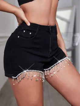 2023 Женские Сексуальные Модные тонкие Джинсовые шорты для уличной вечеринки, отделанные стразами и кисточками