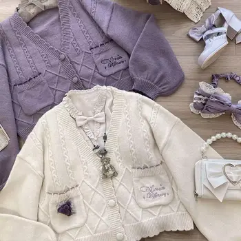 Осенний винтажный вязаный кардиган с V-образным вырезом для девочек, свободный свитер в стиле Лолиты, трикотажные топы
