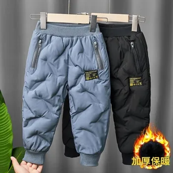 Детские зимние теплые штаны для мальчиков, плотные хлопчатобумажные брюки с флисовой подкладкой, Водонепроницаемые лыжные брюки, эластичные брюки для маленьких девочек и мальчиков с высокой талией