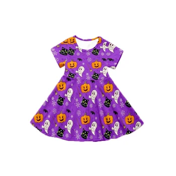 Одежда для маленьких девочек Оптом на Хэллоуин, платье с коротким рукавом длиной до колен, фиолетовая юбка с тыквенным принтом, комплект из молочного шелка для малышей