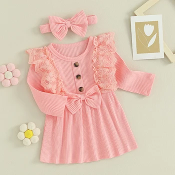 Милое платье в рубчик с цветочным рисунком для маленьких девочек, весенне-осенняя одежда для младенцев, кружевное платье с длинными рукавами в стиле пэчворк, повязка на голову для малышей